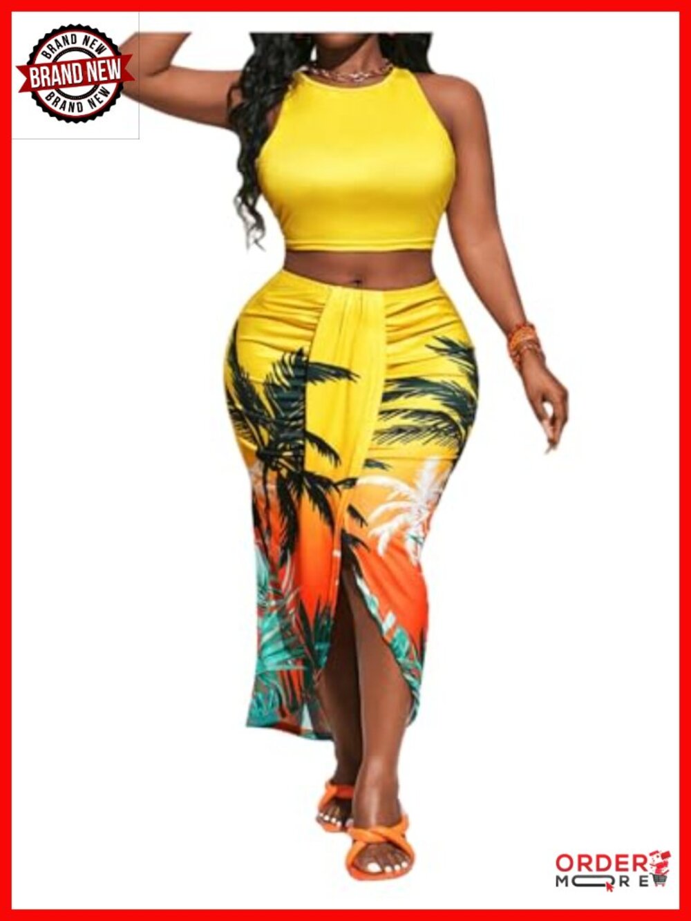 Plus Size 2 Piece Vacation Outfits Tropical Print Crop Top Wrap Midi Skirt Set